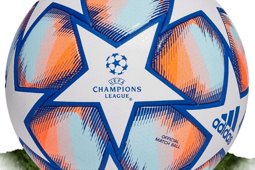2020-21赛季欧冠比赛用球，白色基底，蓝橘色交错